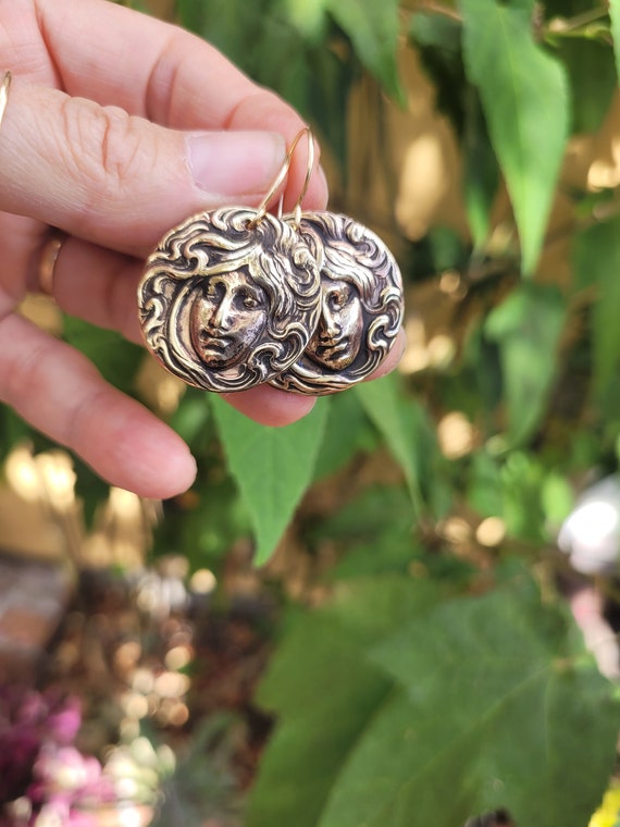 Gold tone brass art nouveau earrings. Gold woman earrings. Vintage French art nouveau earrings