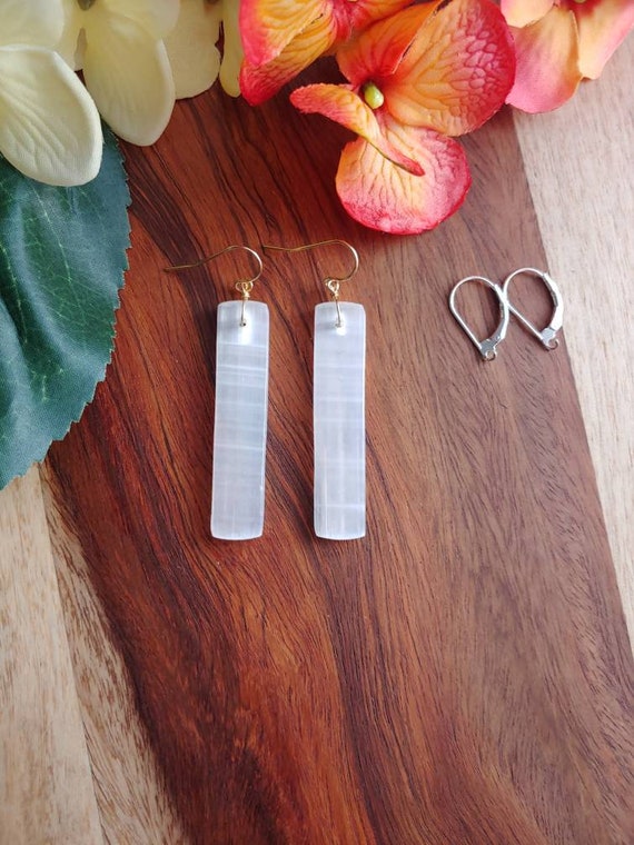 Long selenite earrings. Sterling Silver selenite earrings. Gold selenite earrings.  Rose gold selenite earrings