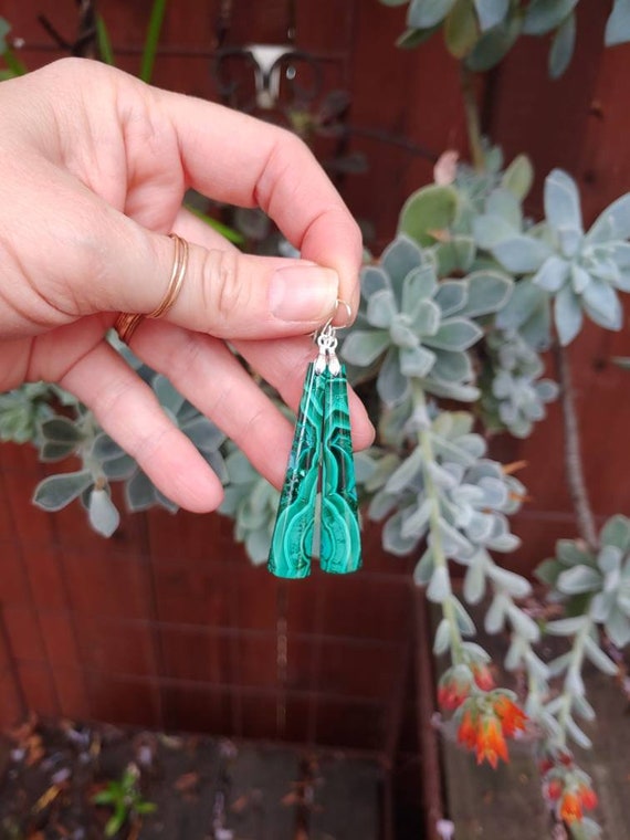 Clearance sale!  Long trapazoid azurite malachite earrings. Sterling silver green earrings