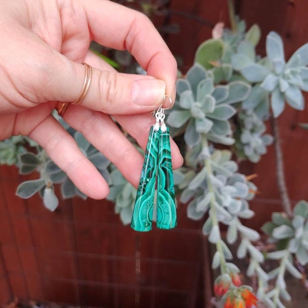 Clearance sale!  Long trapazoid azurite malachite earrings. Sterling silver green earrings