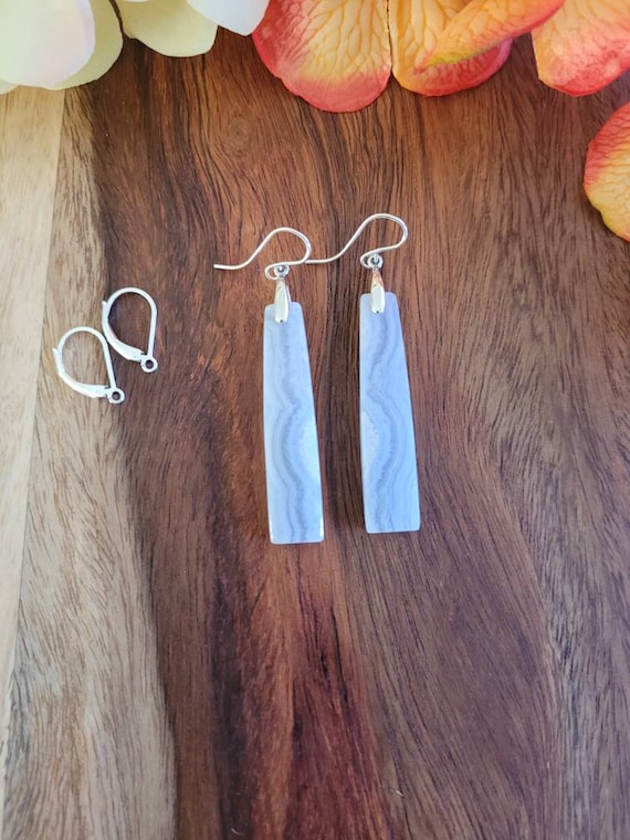 Unique blue lace agate earrings.  Available in silver only