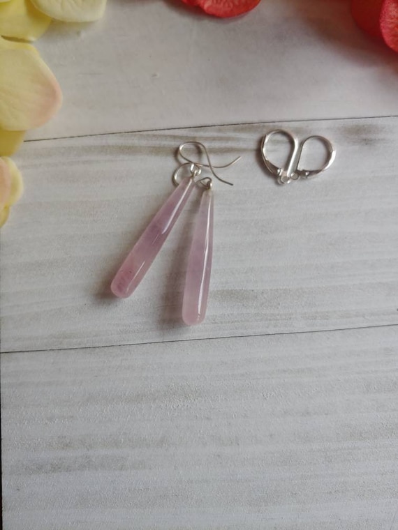 Long rose quartz earrings. Pink quartz earrings. Sterling silver pink earrings