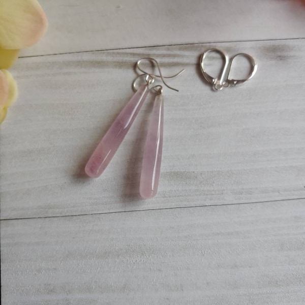 Long rose quartz earrings. Pink quartz earrings. Sterling silver pink earrings