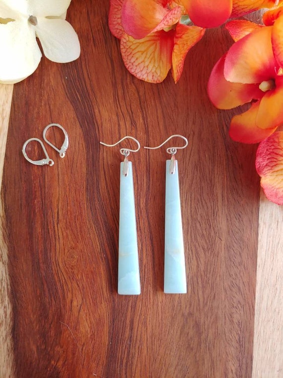 Long trapazoid amazonite earrings. Available in sterling silver only. Long amazonite earrings