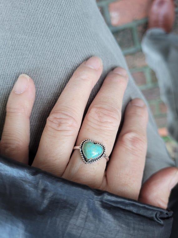 Dainty Kingman turquoise heart ring. Sterling silver I love you ring