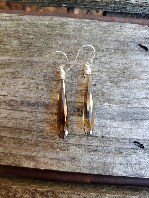 Long smoky quartz earrings.  Avail in gold filled, rose gold, and or sterling silver.  Long smoky quartz earrings