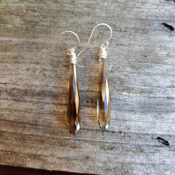 Long smoky quartz earrings.  Avail in gold filled, rose gold, and or sterling silver.  Long smoky quartz earrings