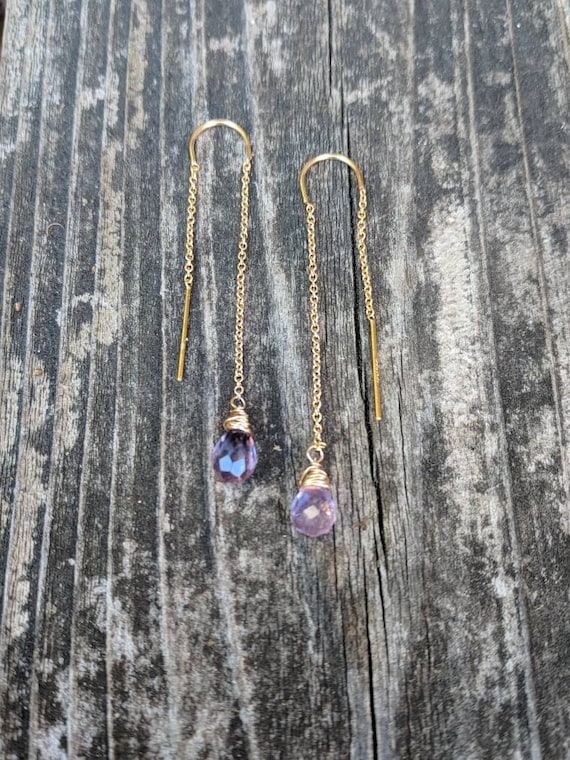 Amethyst threader earrings.  Amethyst earrings. Gold amethyst threaders. Rose gold amethyst. Silver amethyst threaders
