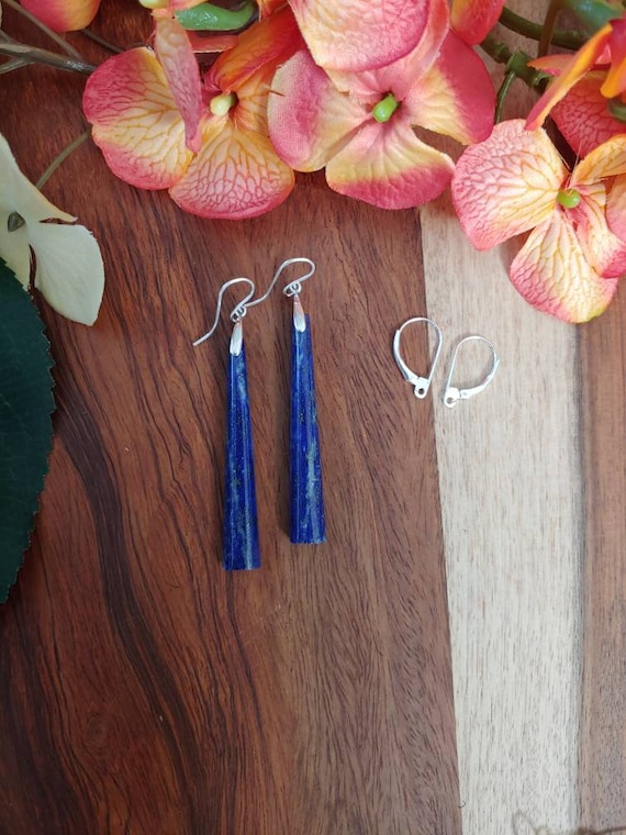 Long trapazoid lapis lazuli earrings.  Sterling silver lapis earrings.  Long lapis earrings