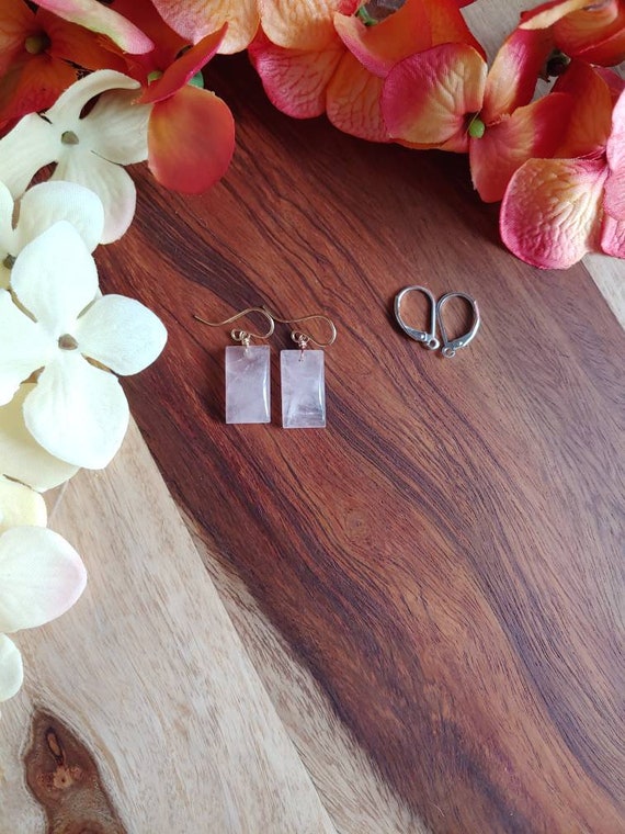 Cushion cut rose quartz earrings.   Gold rose quartz.  Rose gold rose quartz earrings