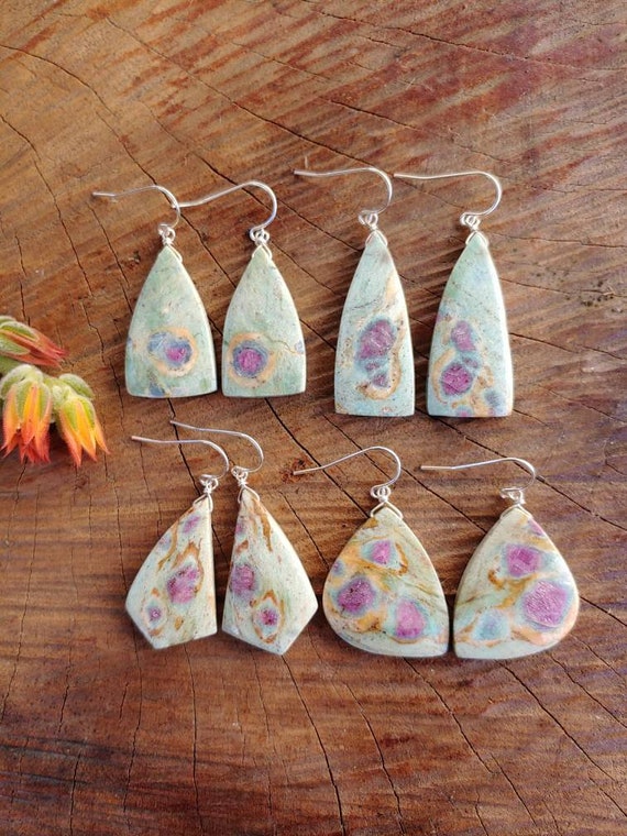 Unique ruby in fuchsite earrings. Ruby earrings.  Sterling silver, gold and rose gold filled ruby earrings