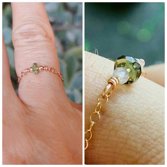 Dainty genuine moldavite chain ring.  Moldavite chain ring. Minimalist ring. Gold moldavite ring. Silver moldavite. Rose gold moldavite ring