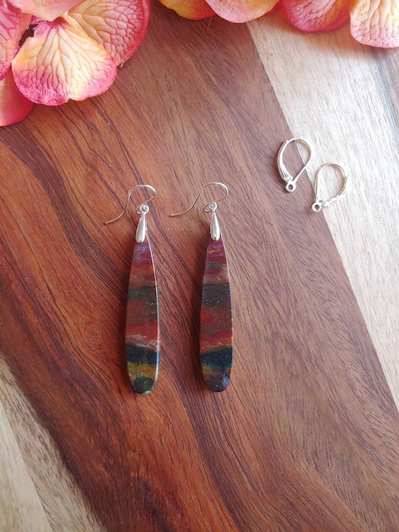 Long bloodstone earrings.  Silver bloodstone earrings