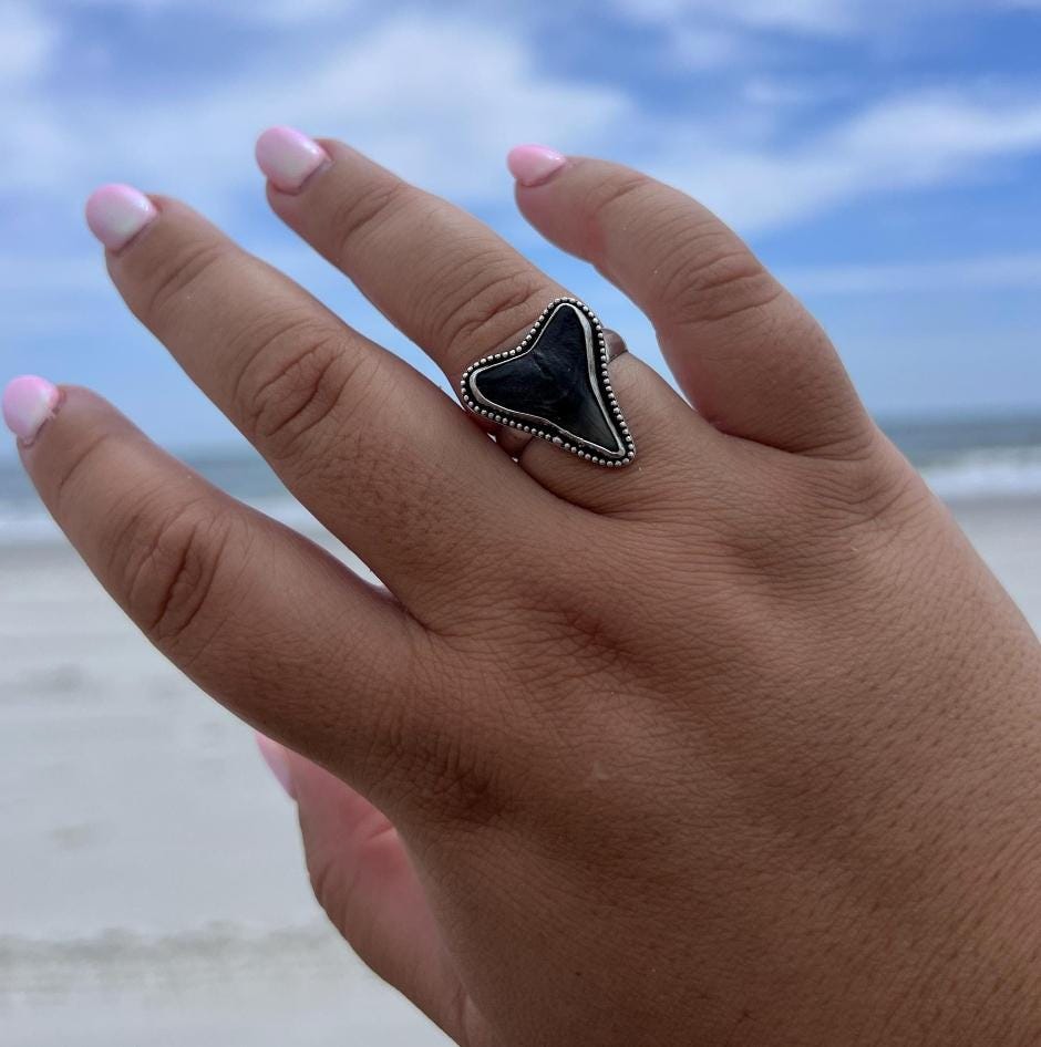 OPNIEUW OP VOORRAAD! Zilveren haaientandring. Sterlingzilveren megalodonring.  Unieke ring op maat.