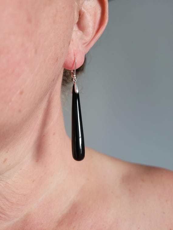 Long black onyx earrings. Black earrings. Avail in sterling silver only
