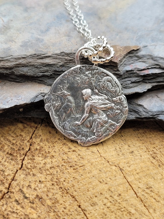 Saint Hubert pendant necklace. Sterling silver antique necklace. Hubertus. Saint of the animals. St Hubert