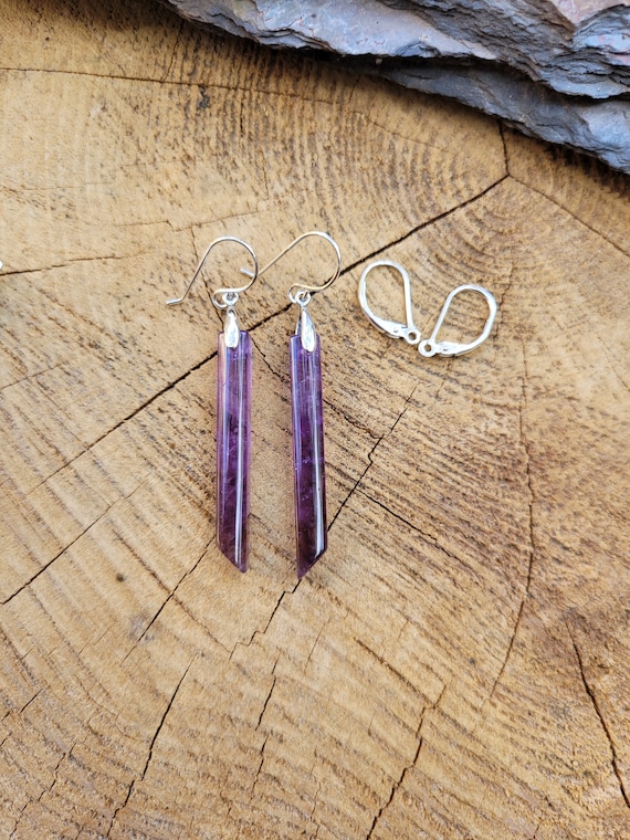 Long stick purple amethyst earrings.   Gold amethyst earrings.   Rose gold amethyst earrings