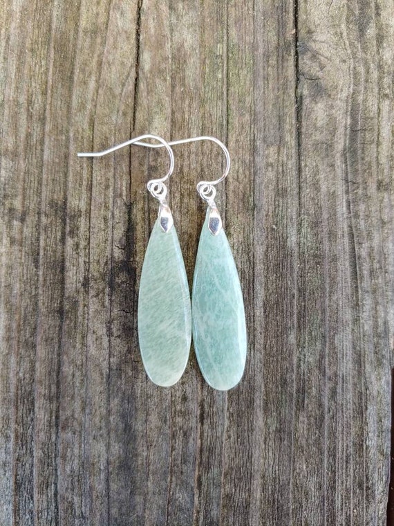 Teardrop amazonite earrings. Available in sterling silver only.  Long amazonite earrings