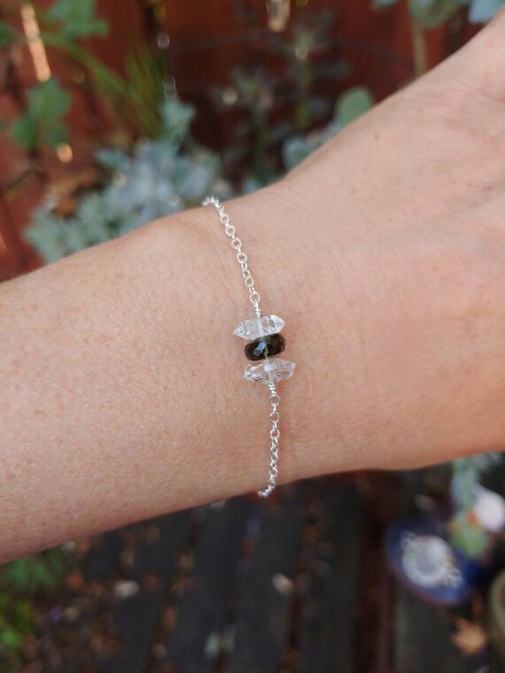 ハーキマーとモルダバイトのブレスレット。スターリングシルバー