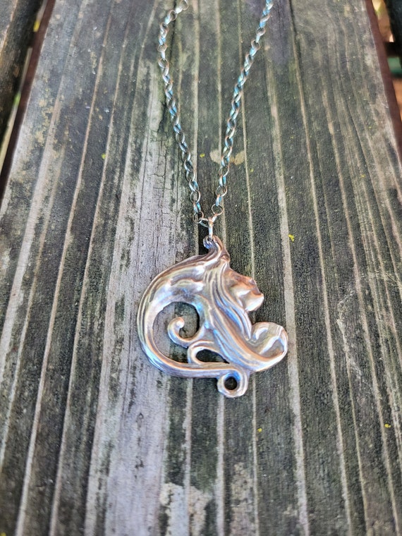Art nouveau woman pendant necklace. Sterling silver antique necklace. 1900's French necklace