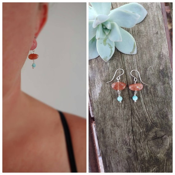 Sunstone and amazonite earrings.  Silver, gold, or rose gold available