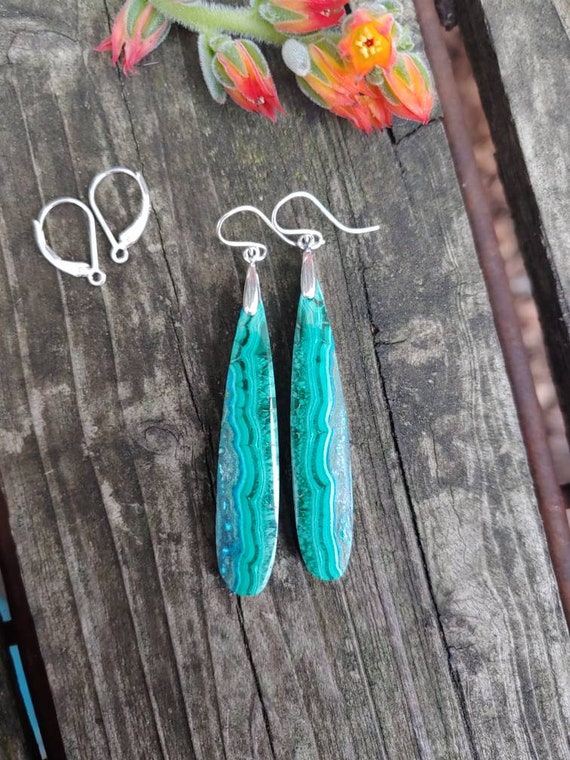 Long teardrop azurite malachite earrings. Sterling silver malachite earrings