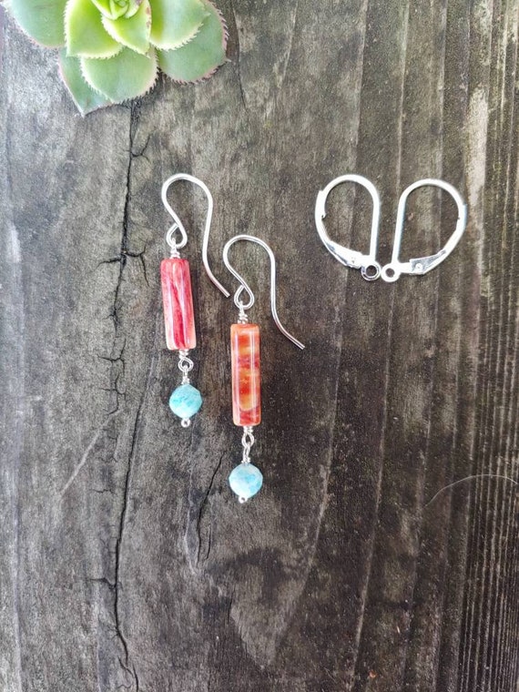 Spiny oyster and amazonite earrings.  Silver, gold, or rose gold available