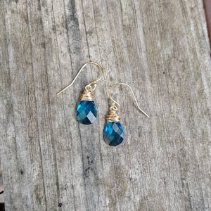 Simple London blue topaz quartz earrings. Gold London blue topaz earrings.  Silver London blue topaz earrings. Rose gold London blue topaz