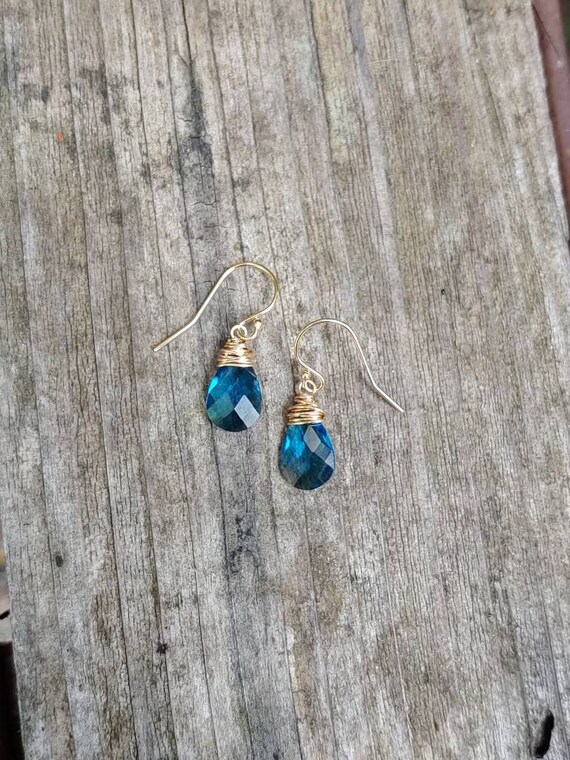 Simple London blue topaz quartz earrings. Gold London blue topaz earrings.  Silver London blue topaz earrings. Rose gold London blue topaz