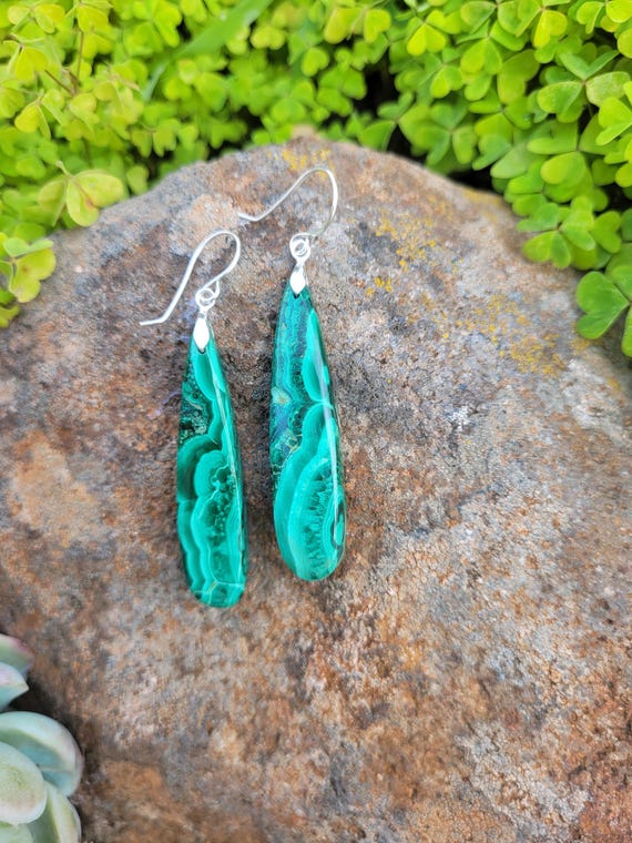 Long malachite earrings. Sterling silver malachite earrings