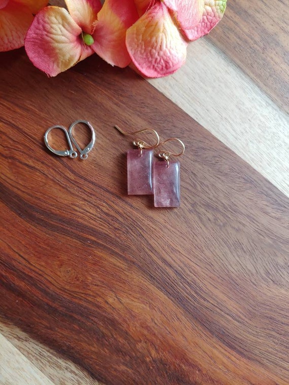 Cushion cut strawberry quartz earrings.   Gold strawberry quartz.  Rose gold strawberry quartz earrings