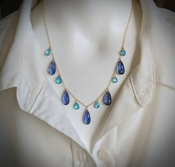 Tanzanite and apatite necklace. Elegant tanzanite necklace. Gold, rose gold, and sterling silver available. Periwinkle necklace