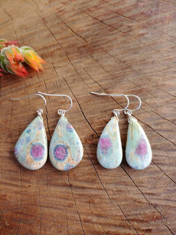 Unique ruby in fuchsite earrings. Ruby earrings.  Sterling silver, gold and rose gold filled ruby earrings