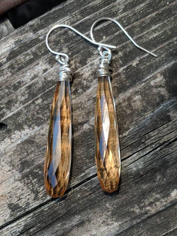 Long citrine earrings.  Citrine quartz earrings. Avail in gold filled, rose gold, or sterling silver.  Champagne earrings.