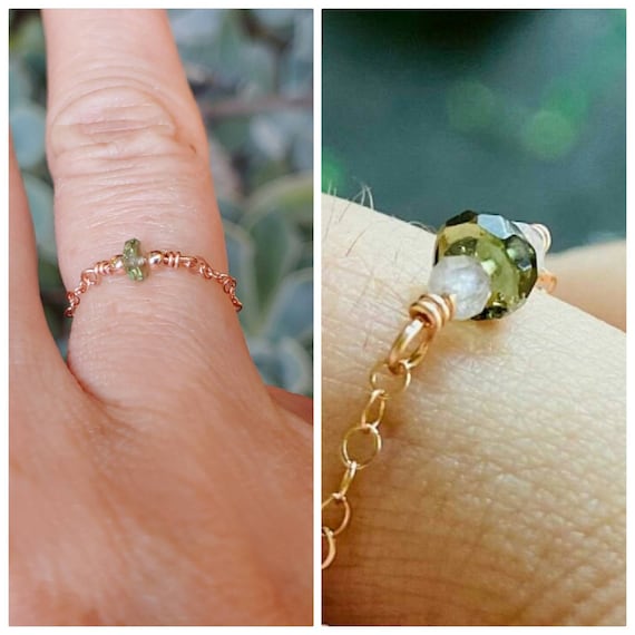 Real moldavite ring.  Moldavite chain ring. Minimalist ring. Gold moldavite ring. Silver moldavite. Rose gold moldavite ring