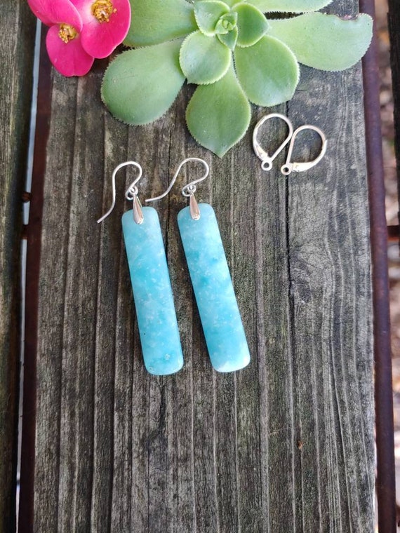 Sky blue amazonite earrings. Available in sterling silver only. Long amazonite earrings
