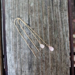 Pink opal threader earrings. Gold threaded earrings. Silver opal threader earrings. Rose gold opal threader
