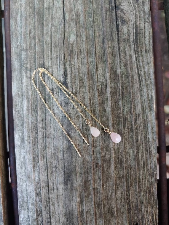Pink opal threader earrings. Gold threaded earrings. Silver opal threader earrings. Rose gold opal threader