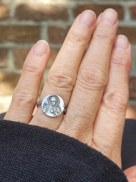 Sterling silver sacred heart of Jesus ring. Religious christian ring. Lord savior jewelry.