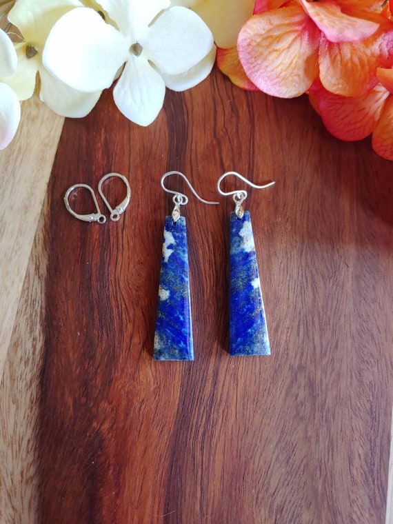 Unique lapis lazuli earrings.  Long lapis earrings.  Sterling silver lapis earrings