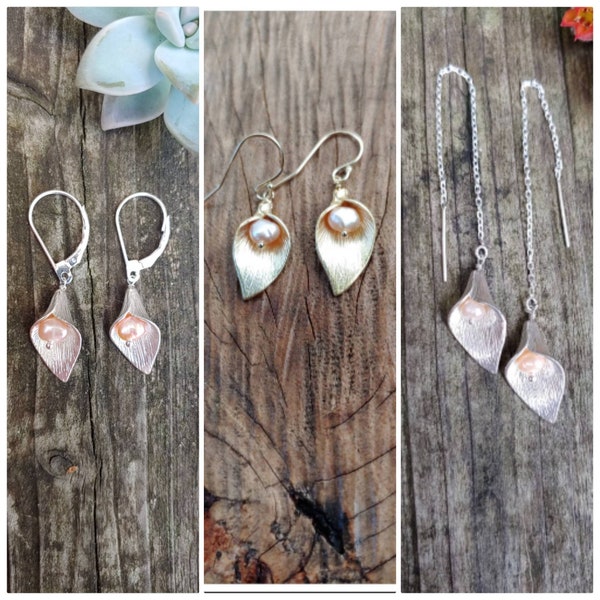 Calla Lily and pearl earrings.  Lily and pearl earrings.  Available is sterling silver and gold filled