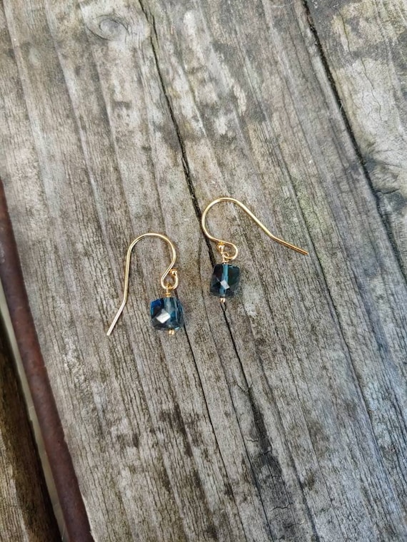 Dainty London blue topaz earrings. Silver london blue topaz earrings. Gold london blue topaz earrings. Rose gold london blue topaz earrings