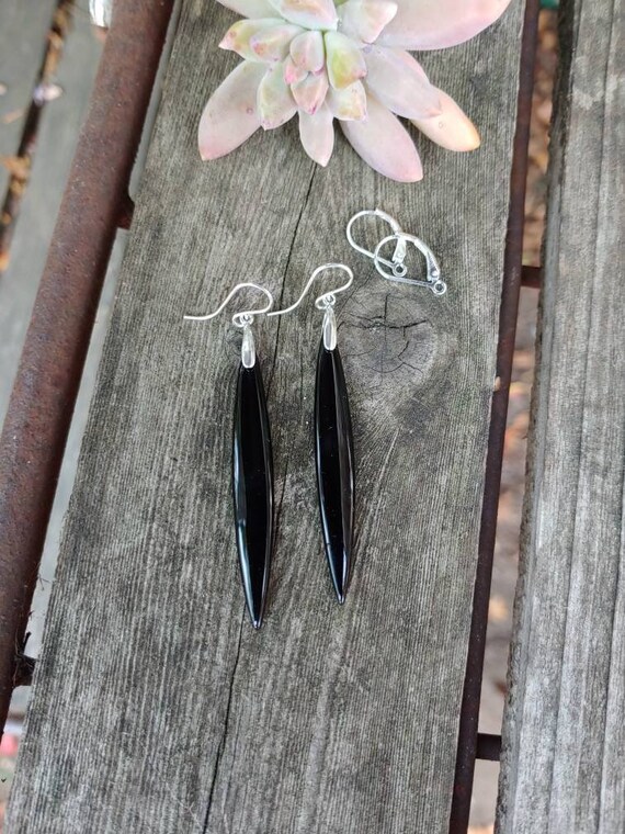 Long black obsidian stick earrings. Dagger earrings. Silver obsidian earrings