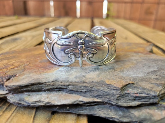 Art nouveau repousse sterling silver cuff bracelet.  Dragonfly cuff bangle bracelet.  Thick cuff bracelet.