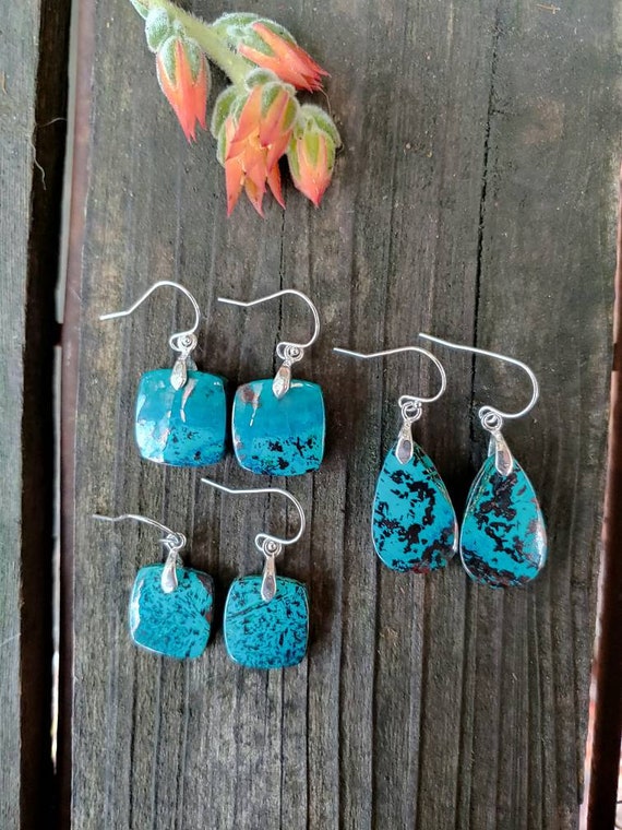 Blue Azurite earrings.  Unique gemstone earrings. Sterling silver azurite earrings