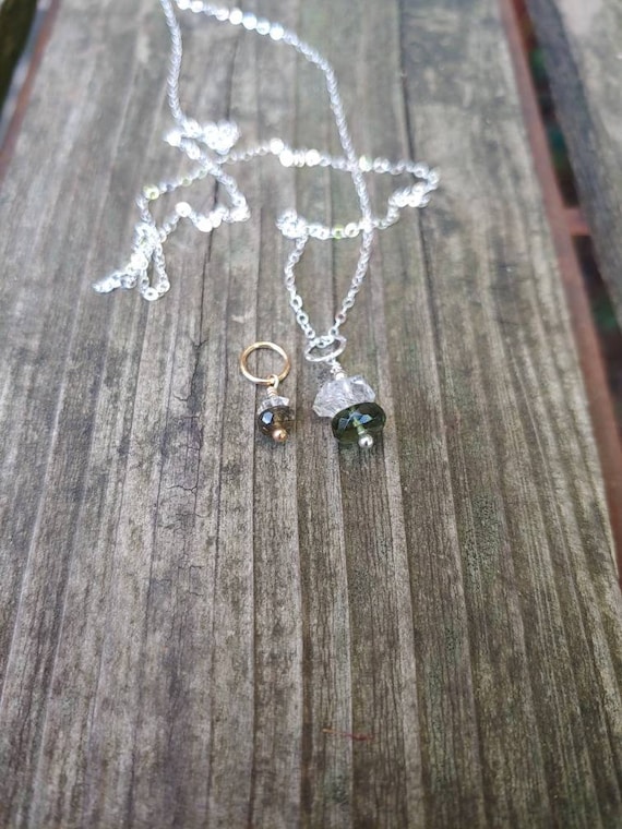 Moldavite and herkimer pendant necklace.  Rose gold, gold filled or sterling silver  available. REAL moldavite
