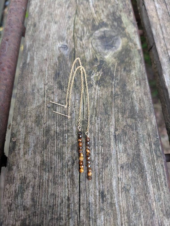 Stacked tiger's eye threader earrings.  Tigers eye earrings.  Silver, gold filled and rose gold filled available