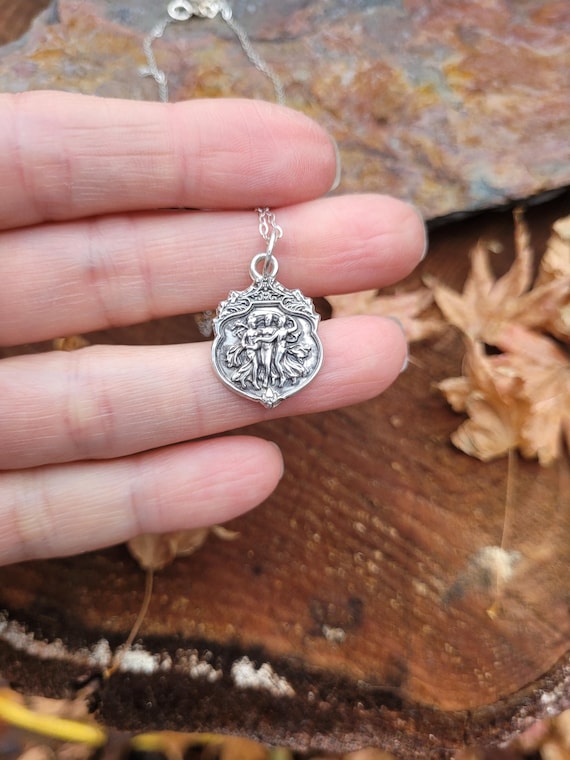 Art nouveau 3 graces pendant necklace. Sterling silver antique necklace. 1900's French necklace