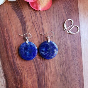 Unique Lapis lazuli earrings.  Sterling silver lapis earrings.  Round lapis earrings