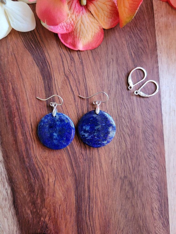 Unique Lapis lazuli earrings.  Sterling silver lapis earrings.  Round lapis earrings